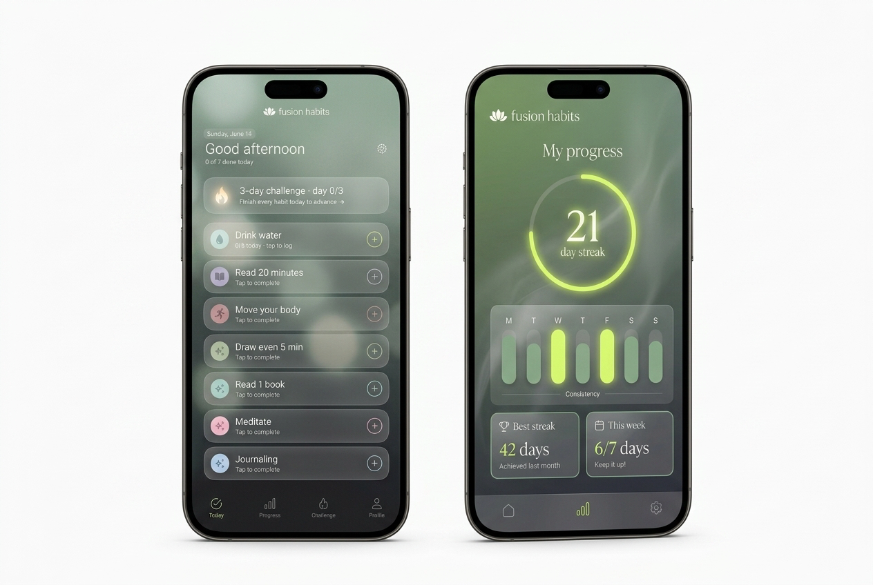 Fusion Habits running on two iPhones — the Today screen and the Progress screen